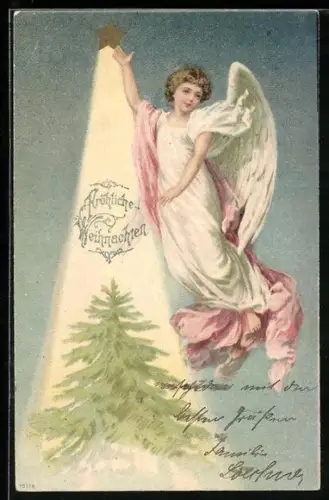 AK Weihnachtsengel schwebt mit leuchtendem Stern über einem Tannenbaum