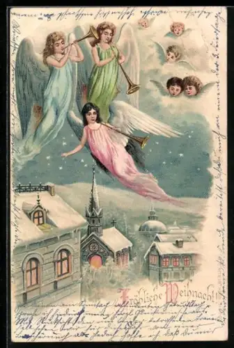 Lithographie Weihnachtsengel schweben über der Stadt und musizieren