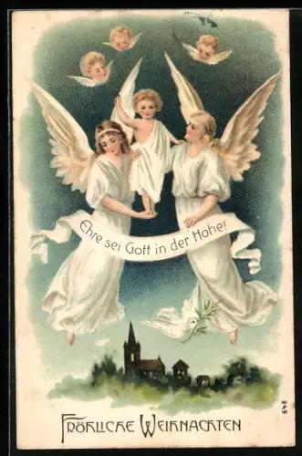 Präge-AK Weihnachtsengel über einem Dorf, Ehre sei Gott in der Höhe