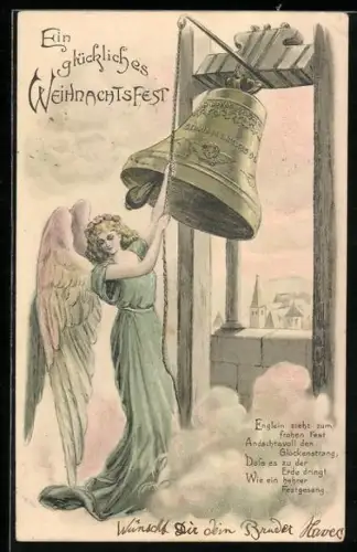Künstler-AK Schöner Engel läutet die Glocken zum Weihnachtsfest