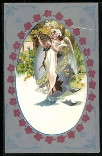 AK Osterengel mit Harfe schlüpft aus einem Ei