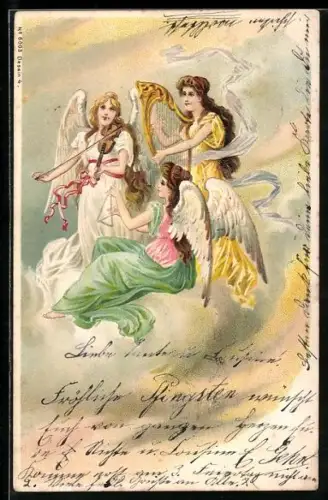 AK Engel sitzen auf einer Wolke und musizieren