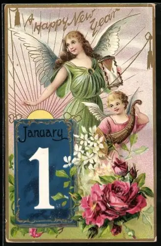 Präge-AK Neujahrsengel mit Füllhorn und Kalenderblatt, Neujahrsgruss