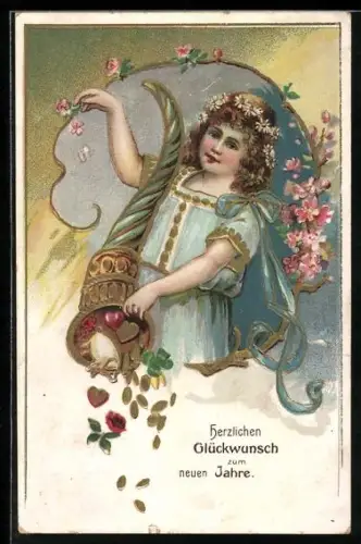 Lithographie Kind mit Füllhorn, Herzlichen Glückwunsch zum neuen Jahre
