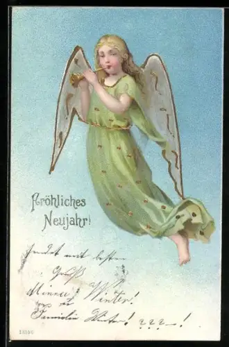 AK Neujahrsengel in grüner Tunika stösst in eine Fanfare
