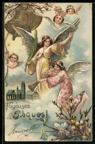 Präge-AK Osterengel läuten die Glocken und blasen die Fanfare, Fröhliche Ostern