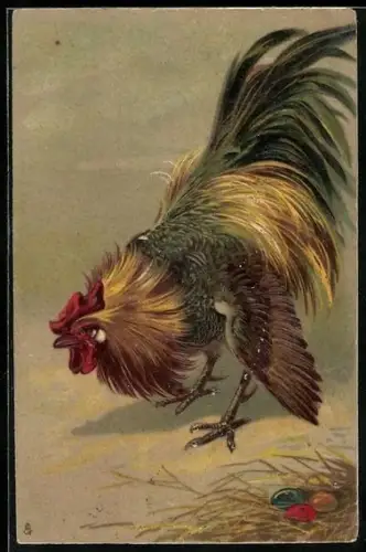 AK Hahn entdeckt die Ostereier im Nest, Fröhliche Ostern!