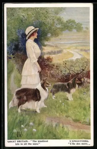 Künstler-AK junges Fräulein geht mit ihren Collies spazieren