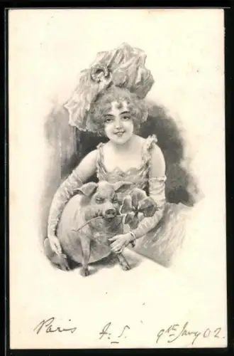 AK Junge Dame und Glücksschwein mit Kleeblatt, Hufeisen