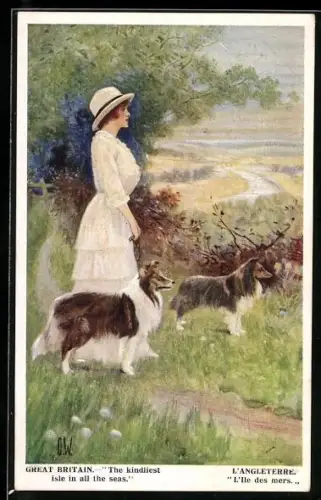 Künstler-AK junges Fräulein geht mit ihren Collies spazieren