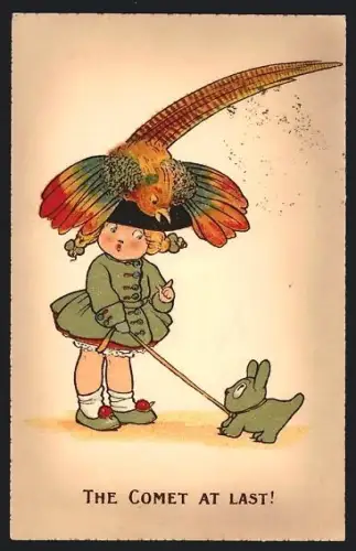 AK Kleine Dame mit Vogelhut ermahnt Hündchen an der Leine