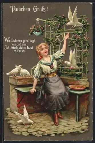 AK Wo Täubchen gern fliegt ein und aus, ist Friede steter Gast im Haus, Weisse Tauben