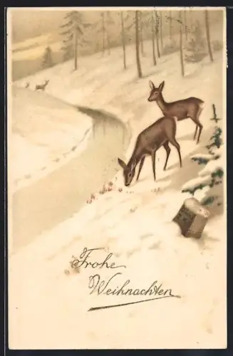 AK Zwei Rehe im Schnee, Weihnachtsgruss