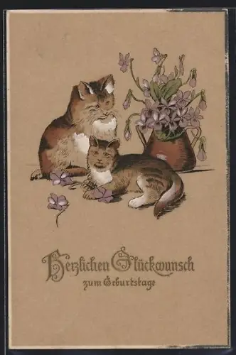 AK Zwei Katzen und eine Blumenvase, Geburtstagsgruss