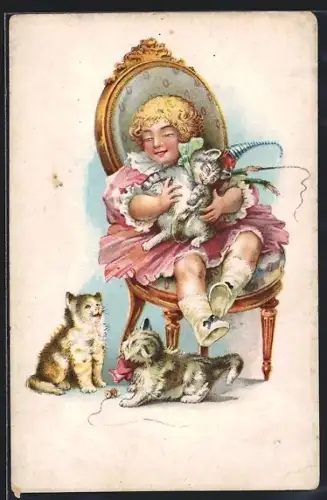 AK Kleines Mädchen mit drei verspielten Katzen