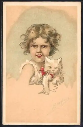 AK Kleines Mädchen mit Kätzchen im Arm