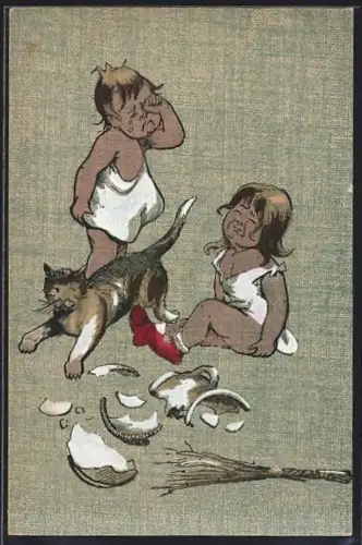 AK Katze, zerbrochene Breischale und weinende Kinder
