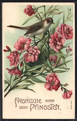 AK Vogel mit Blumen zu Pfingsten
