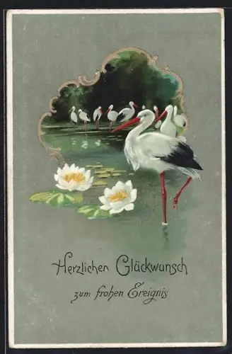 Präge-AK Klapperstörche am Wasser, Glückwunsch zum frohen Ereignis