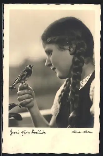 AK Singvogel auf der Hand eines Mädchens