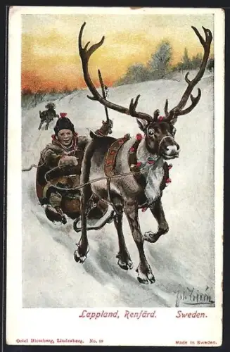 Künstler-AK Lappland, Renfärd, Junge in schwedischer Tracht auf Rentierschlitten, Hund rennt hinterher