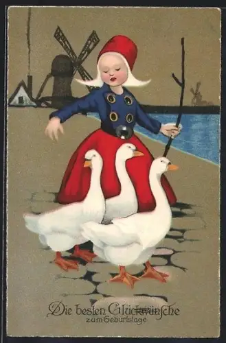 AK Niederländische Gänsemagd, Im Hintergrund Windmühle