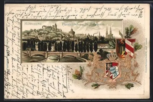 Passepartout-Lithographie Nürnberg, Wappen und Panorama von St. Johannis