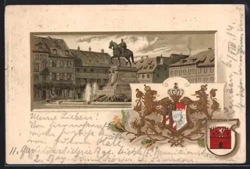 Passepartout-Lithographie Landau / Pfalz, Denkmal am Max Joseph Platz mit Wappen