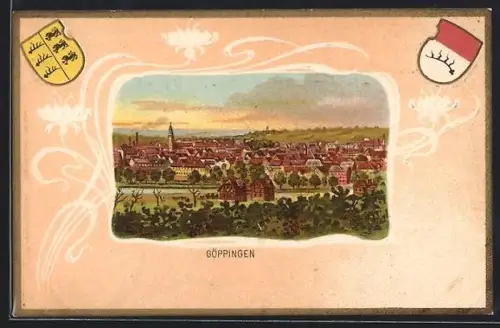 Passepartout-Lithographie Göppingen, Totalansicht mit Umgebung, Wappen oberhalb