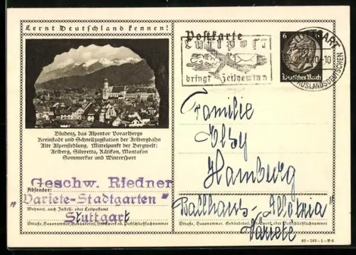 AK Bludenz /Vorarlberg, Totalansicht mit Gebirgspanorama, Ganzsache Lernt Deutschland kennen