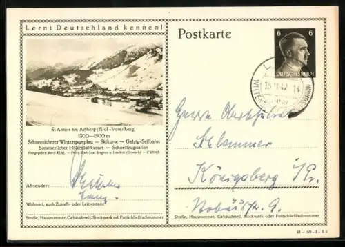 AK St. Anton /Vorarlberg, Schneebedeckter Ort mit Gebirgspanorama, Ganzsache Lernt Deutschland kennen