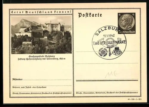 AK Salzburg, Festung Hohensalzburg mit Untersberg, Ganzsache Lernt Deutschland kennen