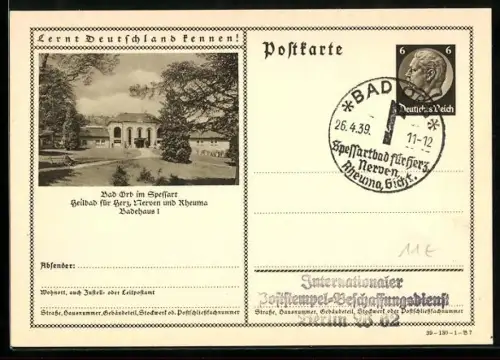 AK Bad Orb /Spessart, Badehaus mit Umgebung, Ganzsache Lernt Deutschland kennen