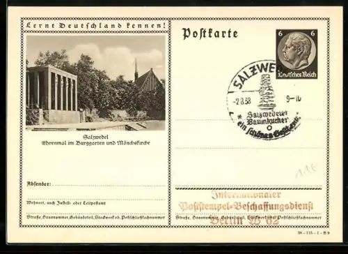 AK Salzwedel, Ehrenmal im Burggarten und Mönchskirche, Ganzsache Lernt Deutschland kennen