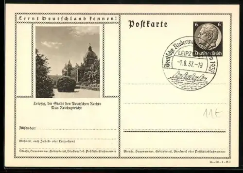 AK Leipzig, Das Reichsgericht mit Parkanlagen, Ganzsache Lernt Deutschland kennen