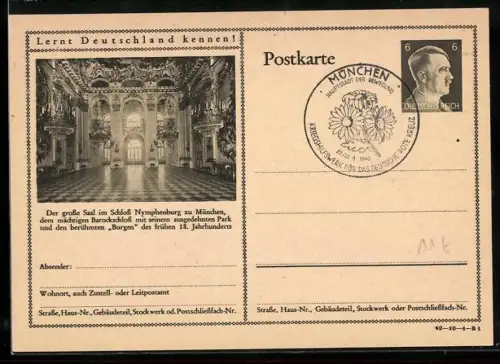 AK München, Grosser Saal in Schloss Nymphenburg, Ganzsache Lernt Deutschland kennen