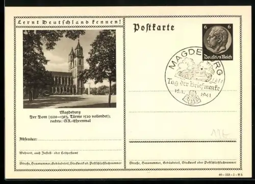 AK Magdeburg, Der Dom mit Ehrenmal, Ganzsache Lernt Deutschland kennen