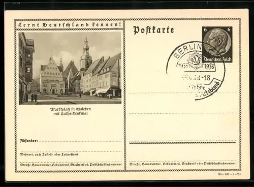 AK Eisleben, Marktplatz mit Rathaus, St. Andreaskirche und Lutherdenkmal, Ganzsache Lernt Deutschland kennen