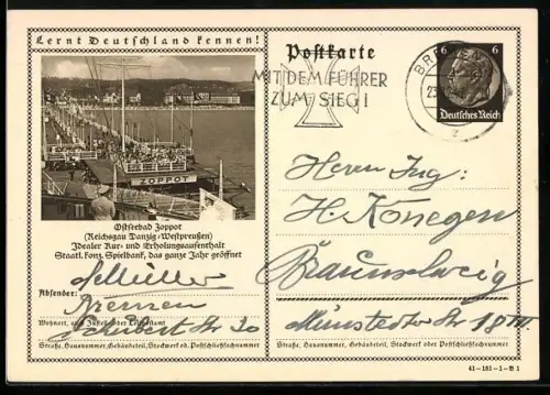 AK Zoppot, Hafenpartie mit Blick zum Ufer, Ganzsache Lernt Deutschland kennen