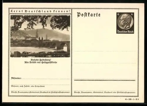 AK Heidelberg, Alte Brücke mit Heiligengeistkirche, Ganzsache Lernt Deutschland kennen