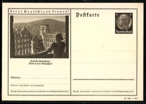 AK Heidelberg, Blick in den Schlosshof, Ganzsache Lernt Deutschland kennen