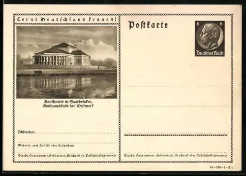 AK Saarbrücken, Gautheater am Wasser, Ganzsache Lernt Deutschland kennen