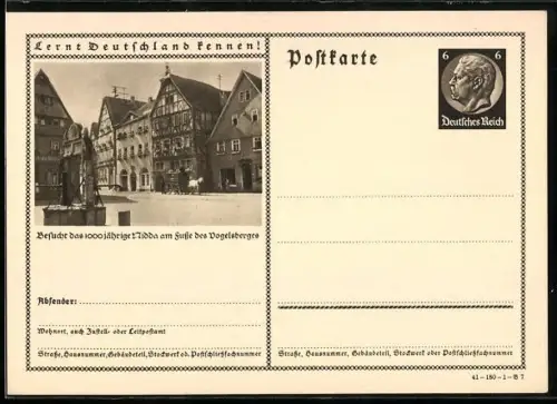 AK Nidda am Fusse des Vogelsberges, Ortspartie mit Brunnen, Ganzsache Lernt Deutschland kennen