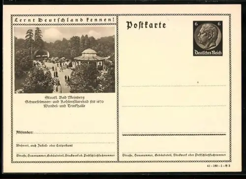 AK Bad Meinberg, Pavillion von Wald umgeben, Ganzsache Lernt Deutschland kennen