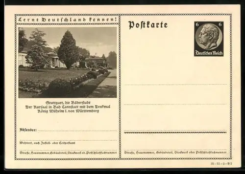 AK Stuttgart, Kursaal in Bad Cannstatt mit Denkmal Wilhelms I. von Württemberg, Ganzsache Lernt Deutschland kennen