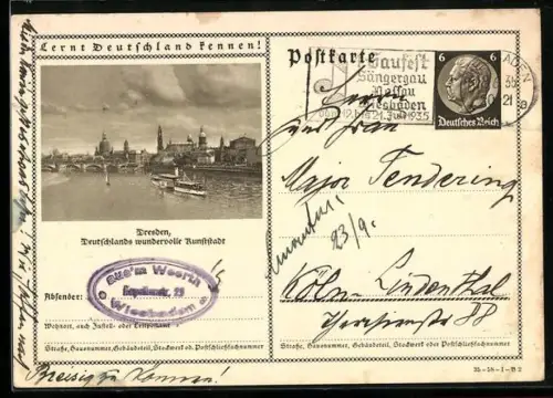 AK Dresden, Wasserpartie mit Blick aufs Ufer, Ganzsache Lernt Deutschland kennen