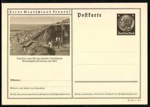 AK Wenningstedt-Braderup, Strandpromenade mit Besuchern, Ganzsache Lernt Deutschland kennen