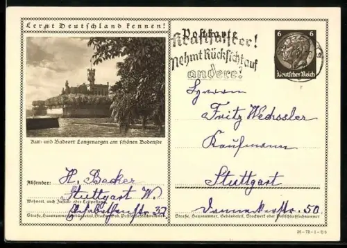 AK Langenargen /Bodensee, Teilansicht, Ganzsache Lernt Deutschland kennen