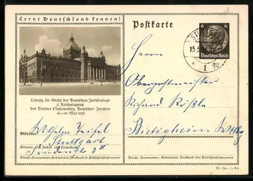 AK Leipzig, Partie am Rathaus während der 5. Reichstagung des NSRB, Ganzsache Lernt Deutschland kennen