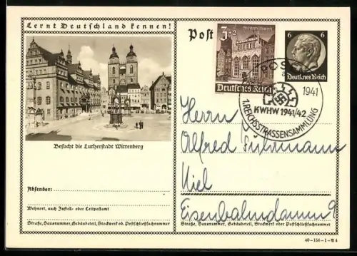 AK Wittenberg, Partie am Markt mit Denkmälern, Ganzsache Lernt Deutschland kennen